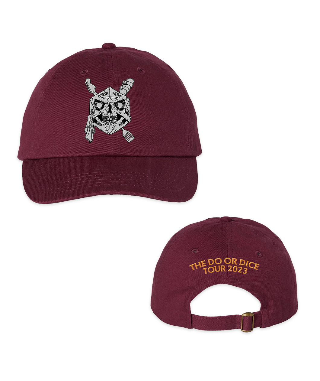 Burgundy dad hat with D20 skull illustration printed in black and white front and center. On the back the words THE DO OR DICE TOUR 2023 are embroidered in orange over the gap.