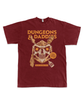 Burgundy T-shirt with Dungeons & Daddies logo in orange in the top center. A D20 skull overlays the logo with text, DO OR DICE TOUR in an orange rectangle beneath it.
