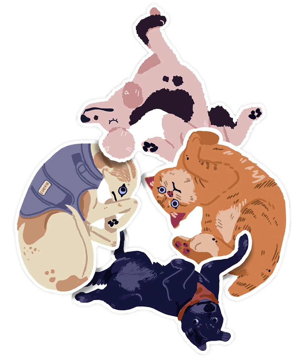 Sticker of an orange tabby cat, a. black small dog with red bandana, a pink poodle with black spots, and a yellow scared looking dog with light brown spots and a blue jacket.