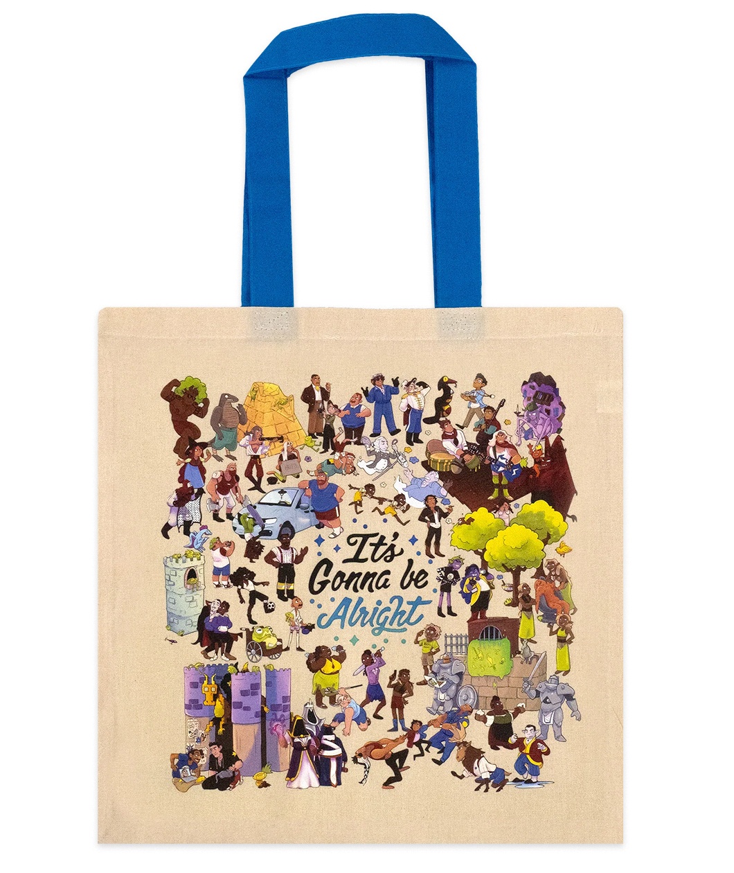 Canvas tote with royal blue strap with the phrase, 