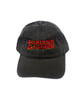 Faded black jean dad hat with Dungeons & Daddies logo largely embroidered on the front in red and yellow.
