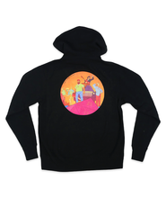 Back of black sweatshirt with a circular illustration of the season 1 poster for Dungeons & Daddies. Four dads with a pink D20 in the foreground and an orange sky behind them.