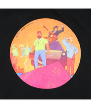 Close up of illustration on back of sweatshirt. One dad is on the left with glowing green fiery hands. Another dad stands in front in a lime green shirt, red dad hat, and red beard holding a 6 pack of beer. Third dad is playing an electric car on the top of a Honda Odyssey. The last dad is looking off to the right scratching his head in ill fitting clothing.