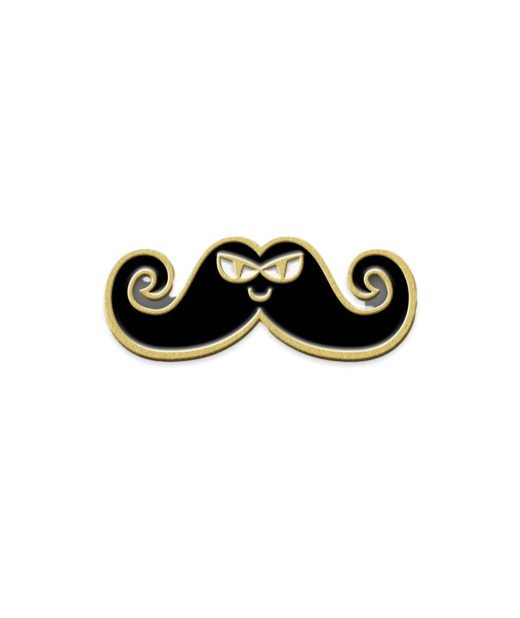 Gold plated enamel pin with black mustache that has an evil face and curly ends.