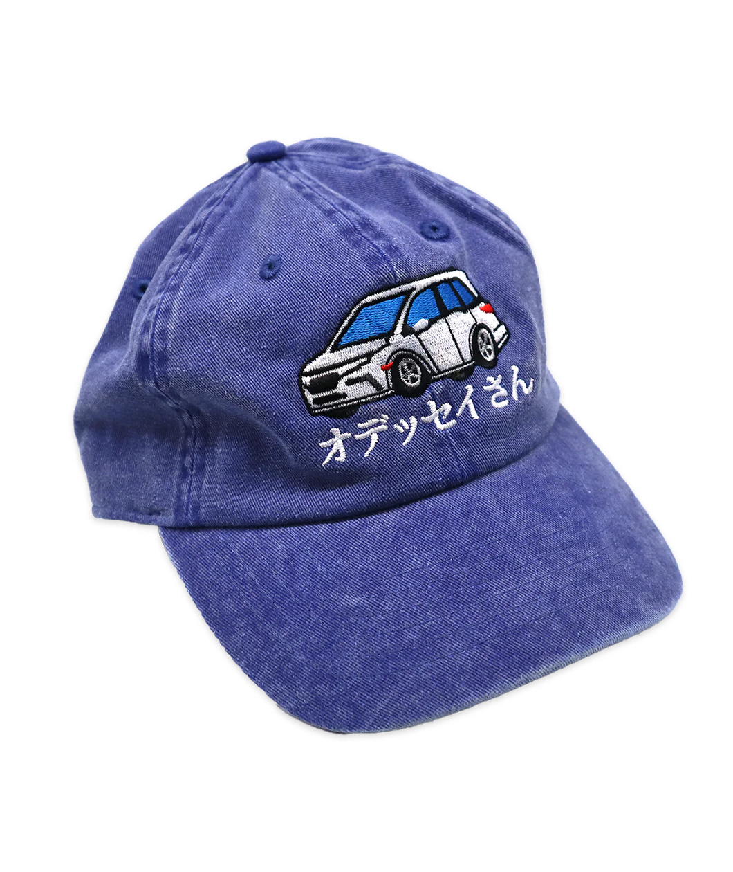 Denim blue dad hat with an embroidered white Honda Odyssey in the front center. Japanese characters spelling, 