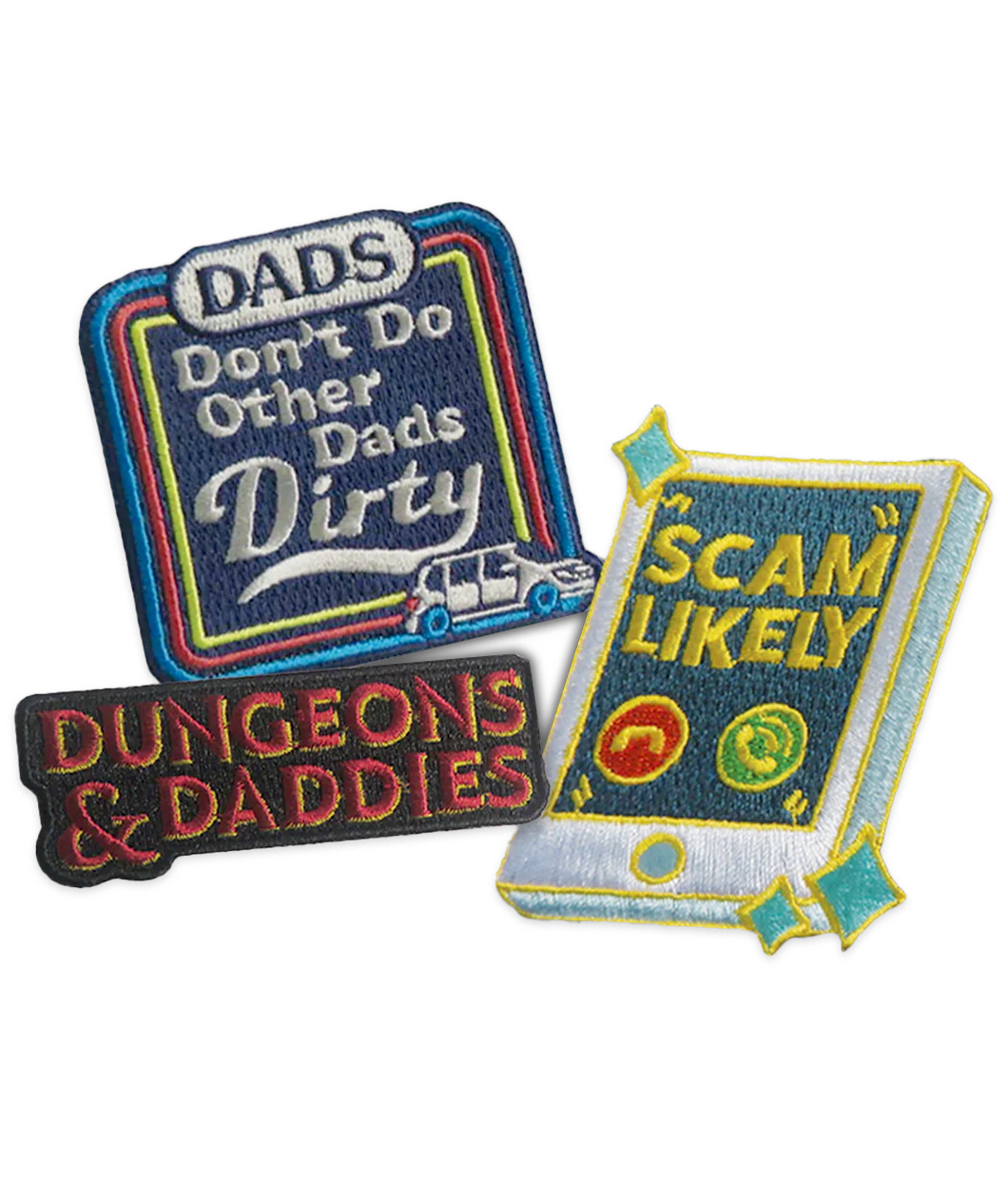 Three patches, one is the Dungeons & Daddies logo in red with yellow highlights on a black offset background. The second is an illustration of a phone that is rininging and the screen says SCAM LIKELY in yellow. The third patch says, 