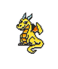 Black plated enamel pin with pixelated yellow dragon and light blue horns and an orange belly.