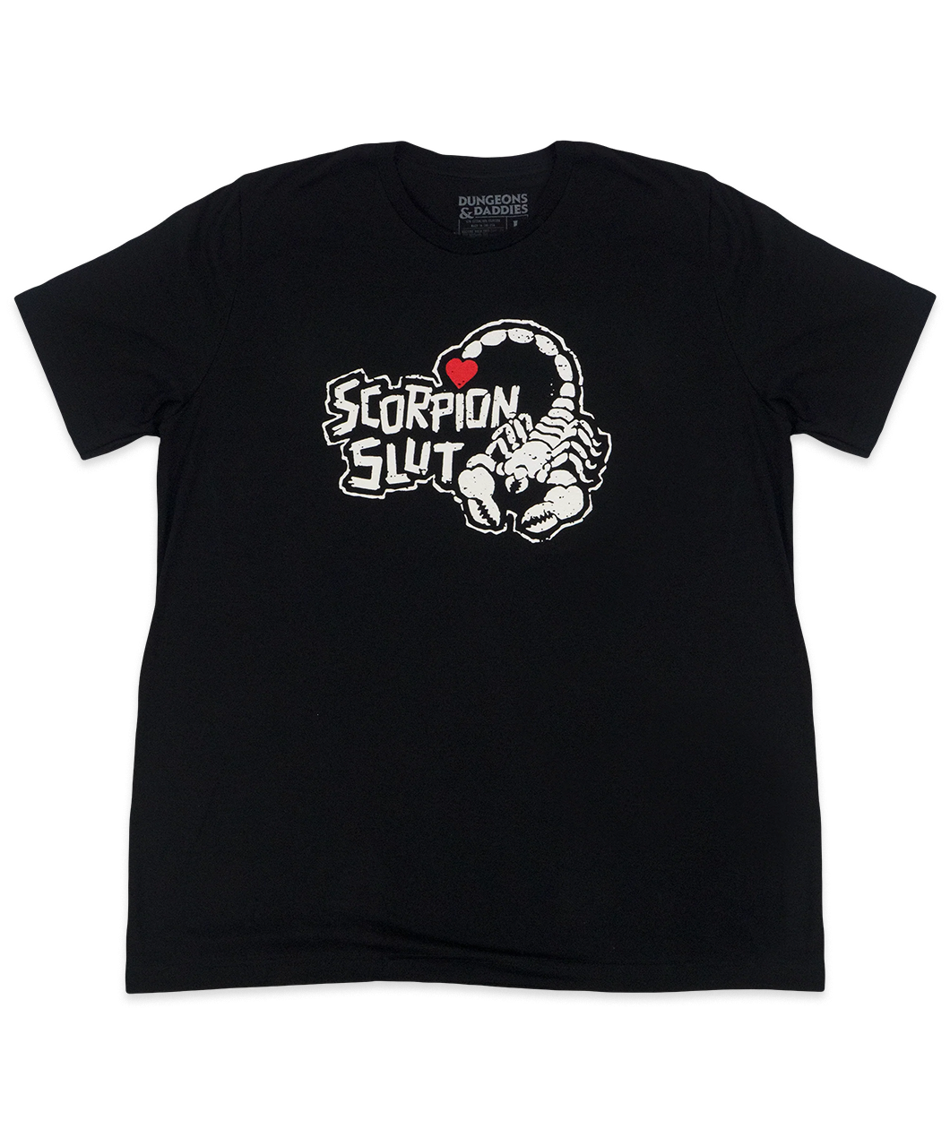 Black T-Shirt with the words, "SCORPION SLUT" and a scorpion in white with the poison dart at the end of its tail in red in the shape of a heart.