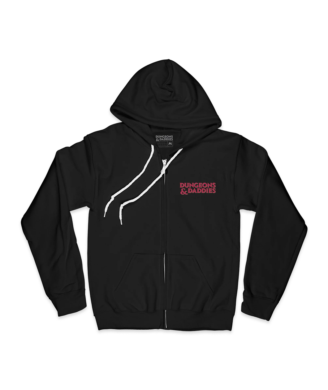 Black full zip hoodie with white drawstrings and the Dungeons & Daddies logo in red in the left upper chest.