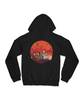 Back of the black hoodie with a circular version of the Season 2 poster with illustrated children on it with an orange D20 background.