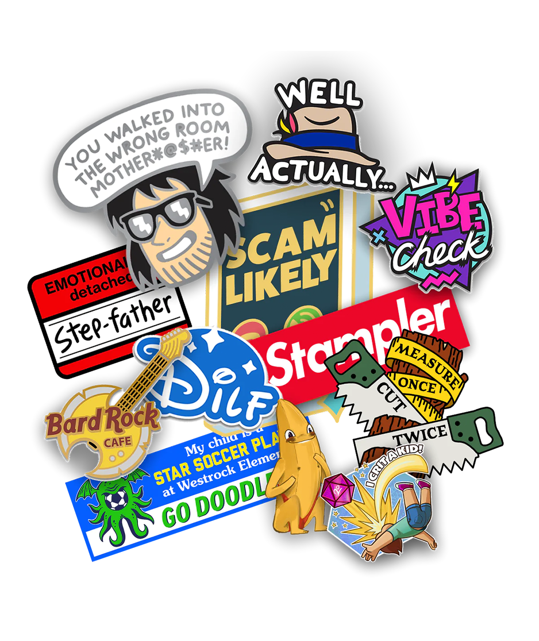 A collection of different possible stickers the customer could receive. All from previous sticker packs that have been released by Dungeons & Daddies.