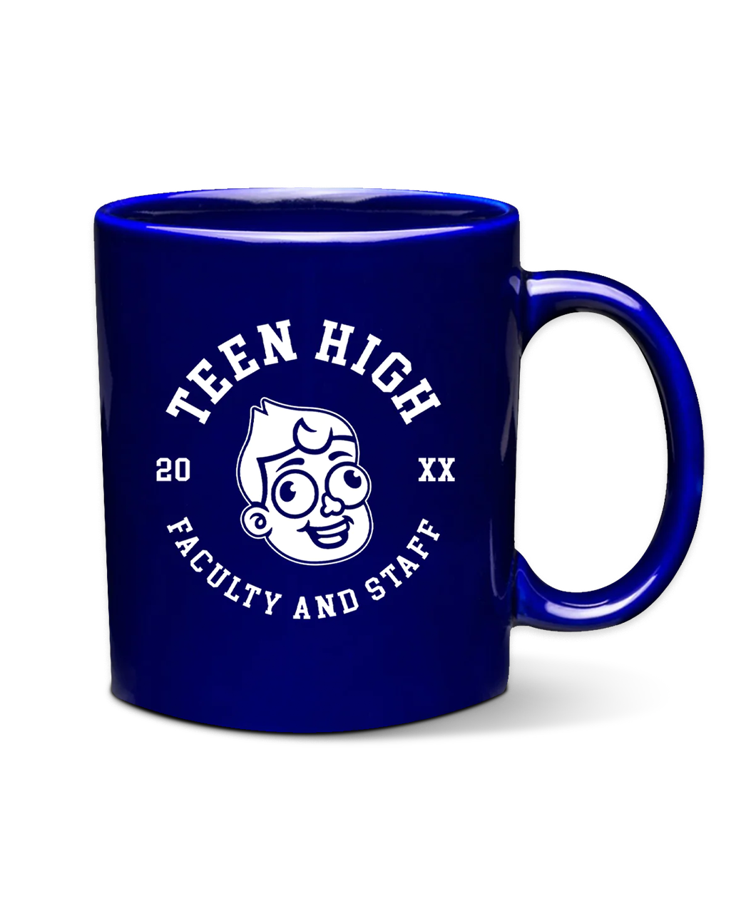 Dark Blue 11 oz mug with white screenprinted logo that says TEEN HIGH FACULTY AND STAFF with an illustrated head of a boy in the middle.