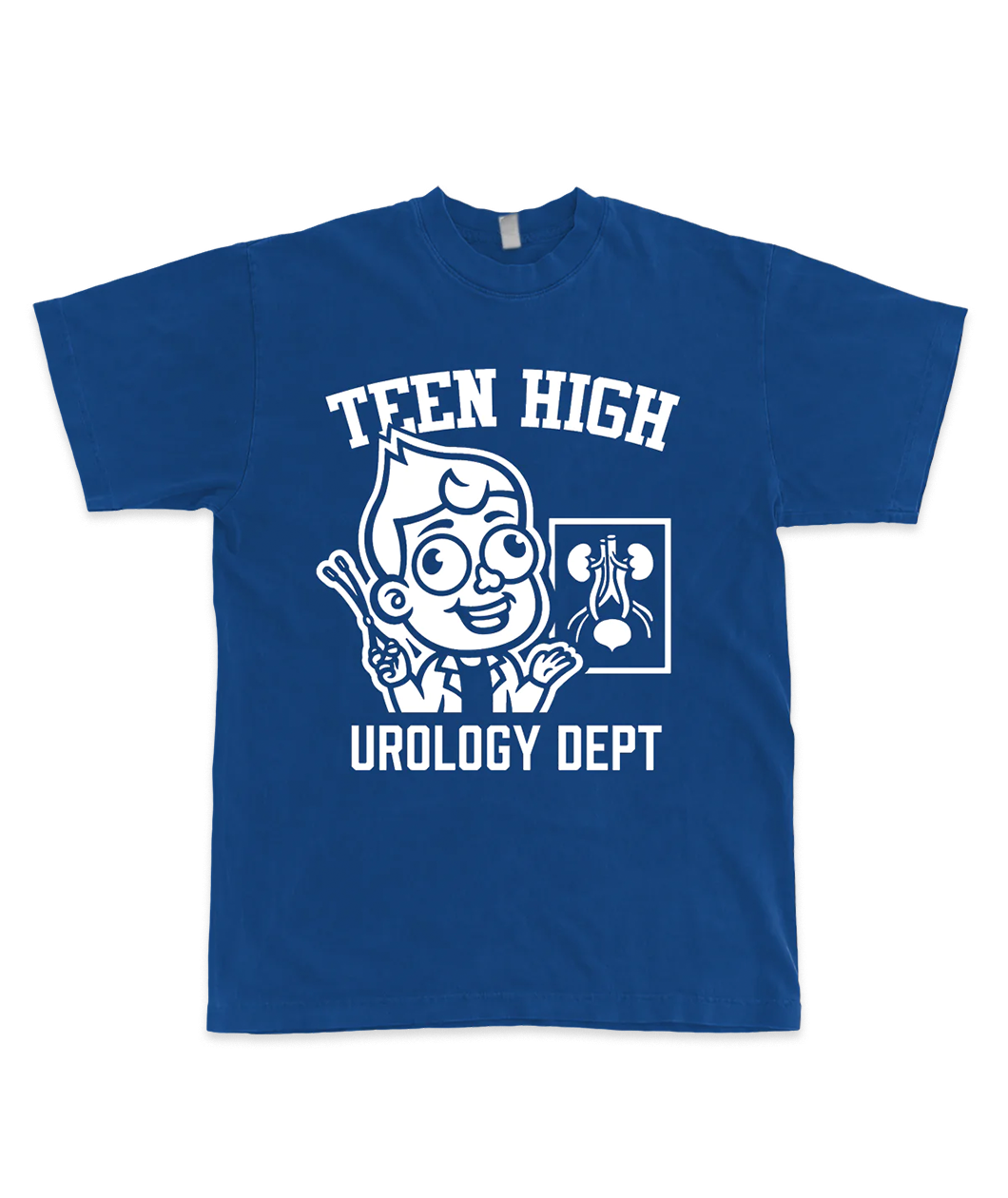 Blue T-shirt with white screenprinted design of a professor pointing to a poster of kidneys and a bladder that says TEEN HIGH UROLOGY DEPT