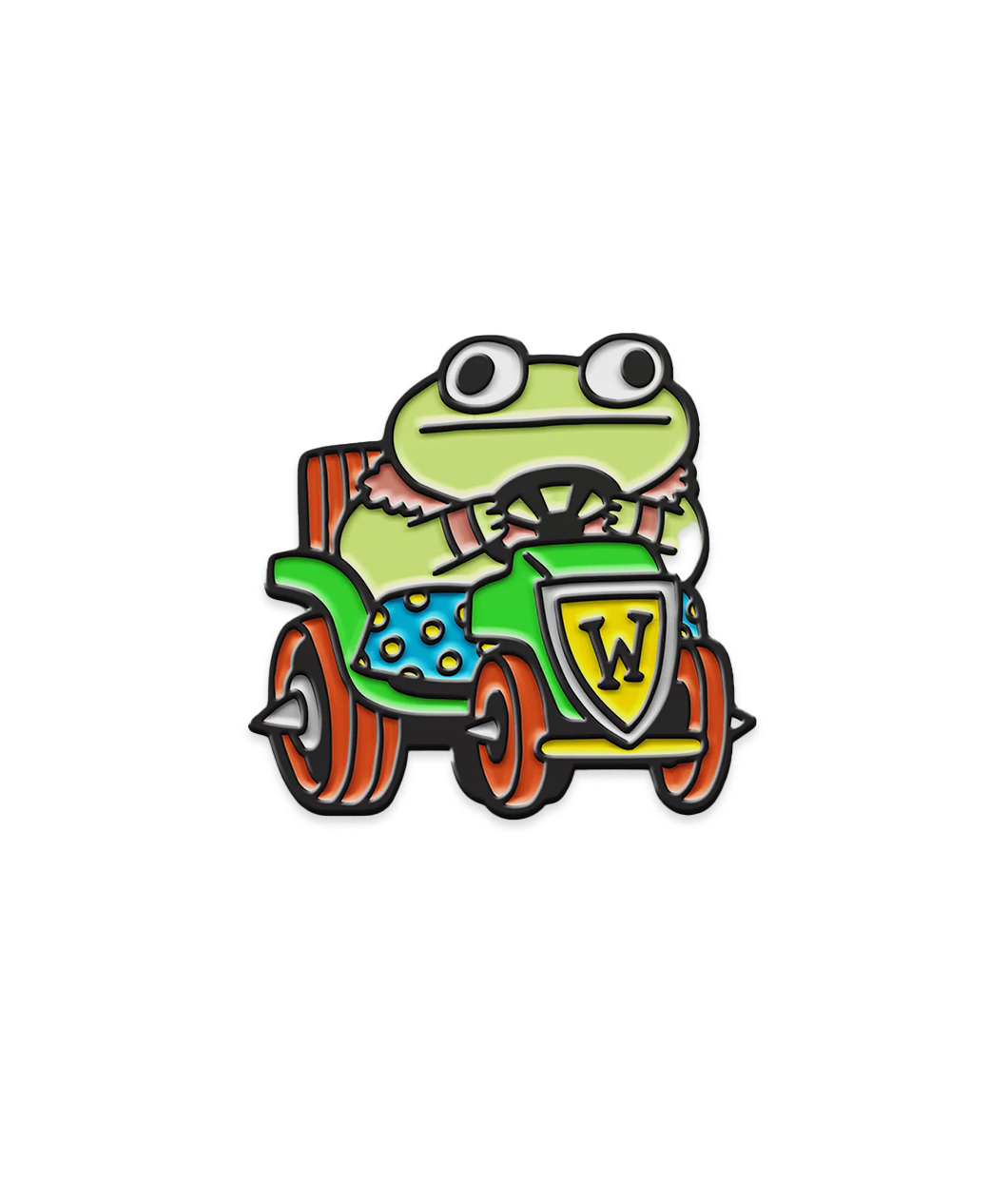 Black plated enamel pin of a frog driving a green go cart with red wheels. 