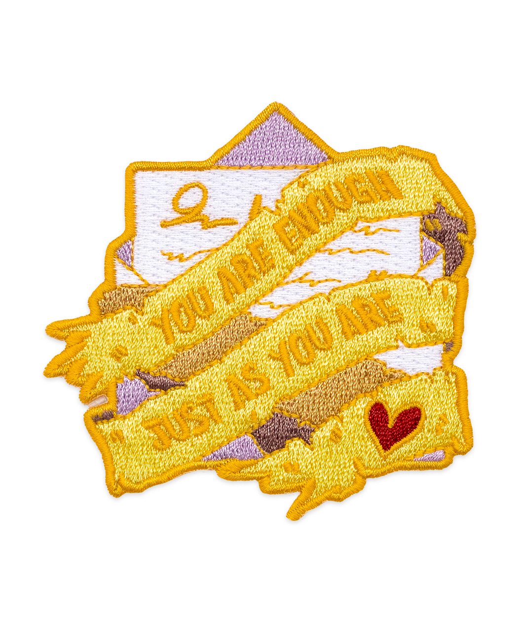Yellow bordered patch of an open letter with a tattered ribbon on top that says, 