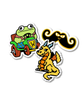 Sticker of a Green frog driving a fake green car with a W plaque on the front. A sticker of a black mustache with yellow outlines and an evil smirk. A sticker of a pixelated yellow dragon with blue horns.