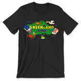 Black t-shirt with a green illustrated map of Greenland with the words 'Greenland DFTBA" on it. There are colorful crabs, a pelican, books, a hanklerfish and socks, even some books illustrated in bright colors.