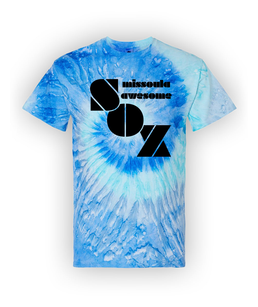 A blue tie dye swirl shirt with black lettering that reads 