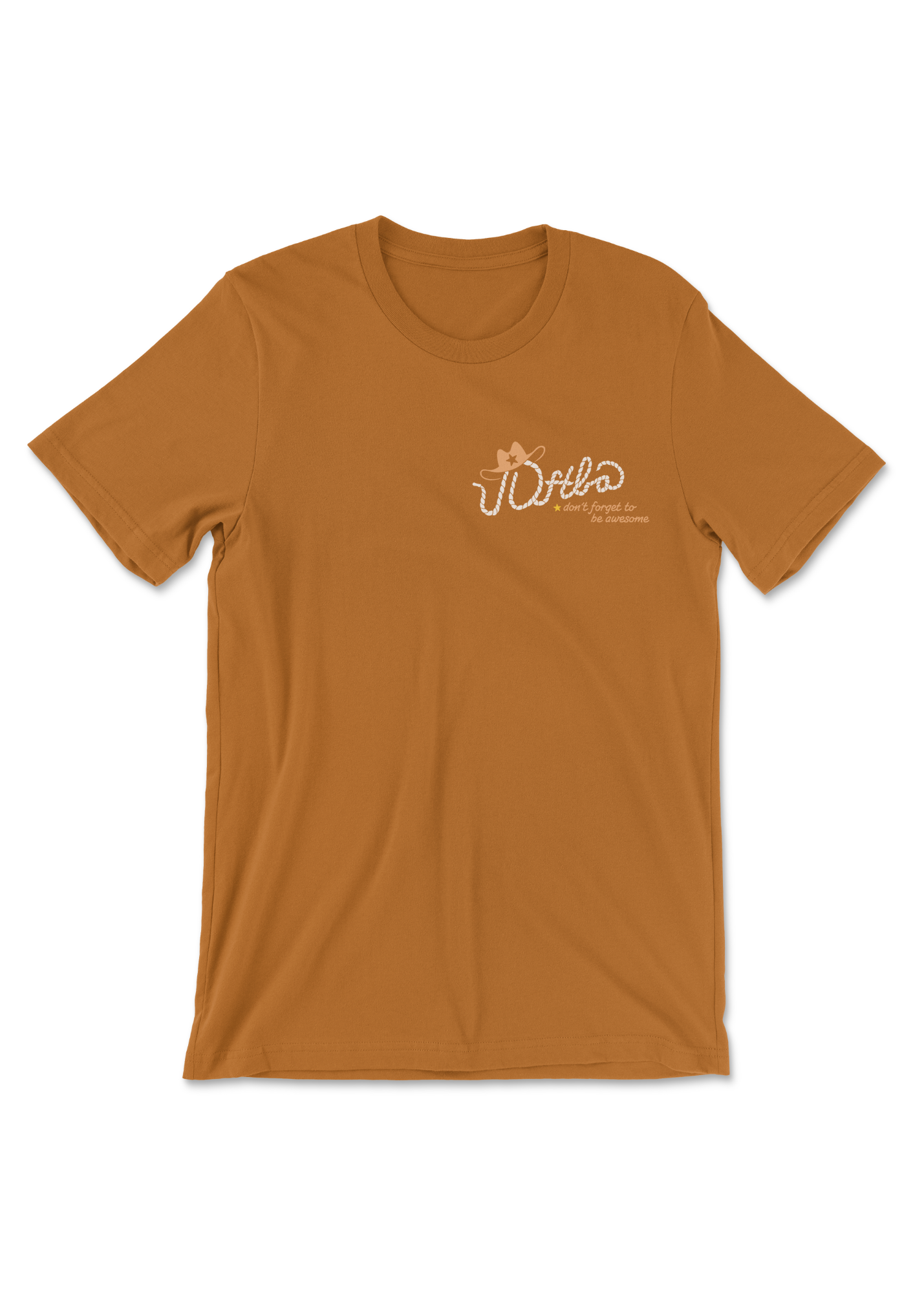Caramel colored t-shirt with a logo on the heart that says DFTBA don't forget to be awesome. There is an illustrated cowboy hat on the acronym text which also looks like it is a rope.