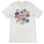A mockup of an off-white shirt featuring a illustration of various sticker designs with DFTBA acronyms