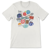 A mockup of an off-white shirt featuring a illustration of various sticker designs with DFTBA acronyms