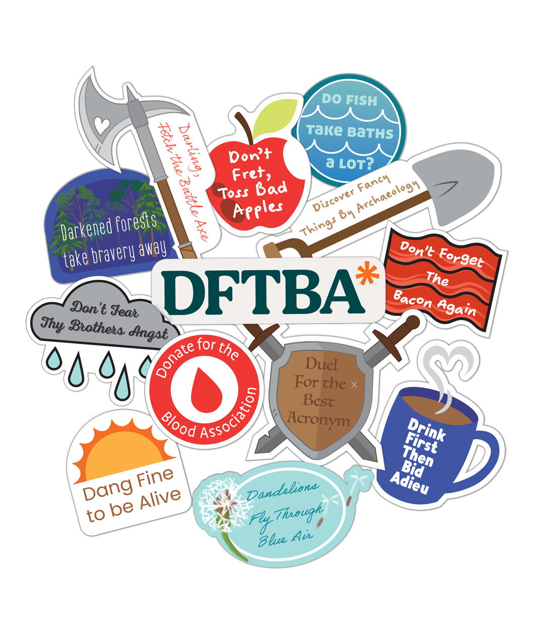 A design of various sticker designs with DFTBA acronyms