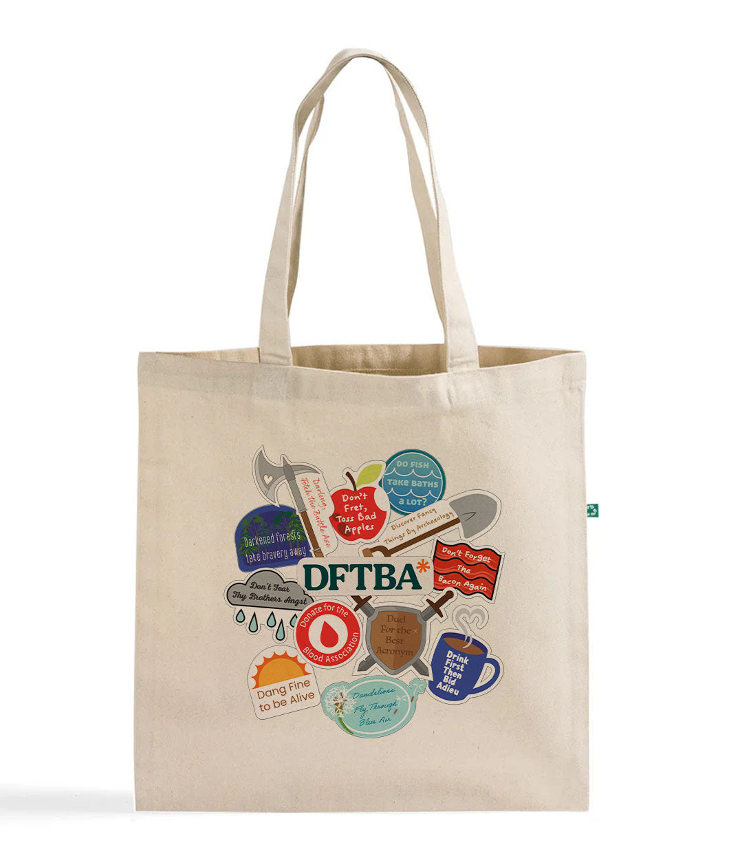 A mockup of a natural tote bag featuring an illustration of various sticker designs with DFTBA acronyms