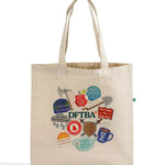 A mockup of a natural tote bag featuring an illustration of various sticker designs with DFTBA acronyms
