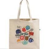 A mockup of a natural tote bag featuring an illustration of various sticker designs with DFTBA acronyms