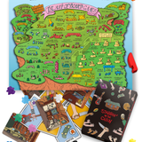 Full color map of board games and the Stabbin in the Cabin Board Game with pieces scattered across both.