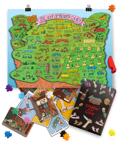 Full color map of board games and the Stabbin in the Cabin Board Game with pieces scattered across both.