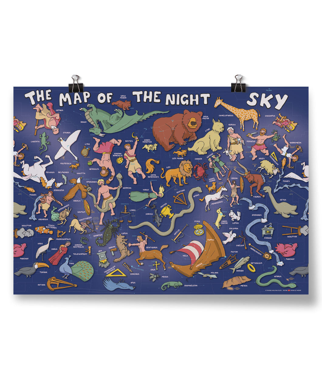 Map of the night sky with various celestial bodies and constellations illustrated on a blue background.