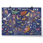 Map of the night sky with various celestial bodies and constellations illustrated on a blue background.