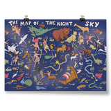 Map of the night sky with various celestial bodies and constellations illustrated on a blue background.