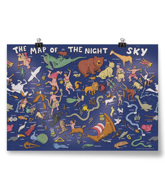 Map of the night sky with various celestial bodies and constellations illustrated on a blue background.