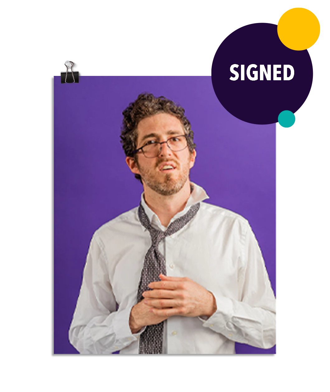 Photo of a man with his glasses askew on his face and ruffled tie and white dress shirt. He looks confused. On a purple background. This print is signed by the doctor!