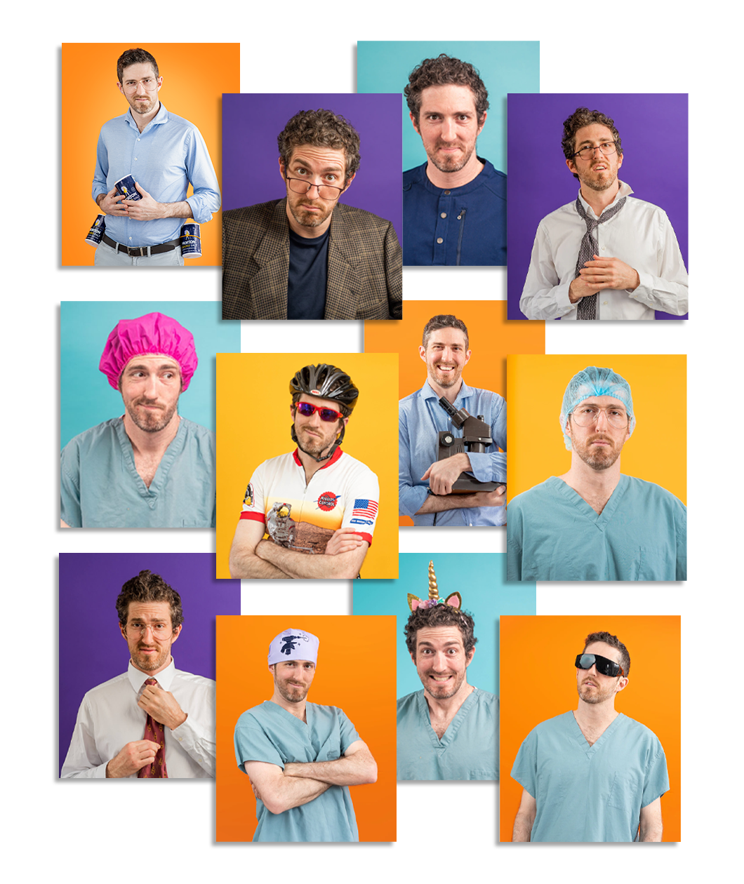 Photos of the same man in different outfits on colorful backgrounds. Each photo represents him as a different type of doctor.