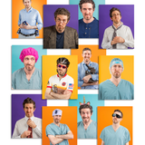 Photos of the same man in different outfits on colorful backgrounds. Each photo represents him as a different type of doctor.