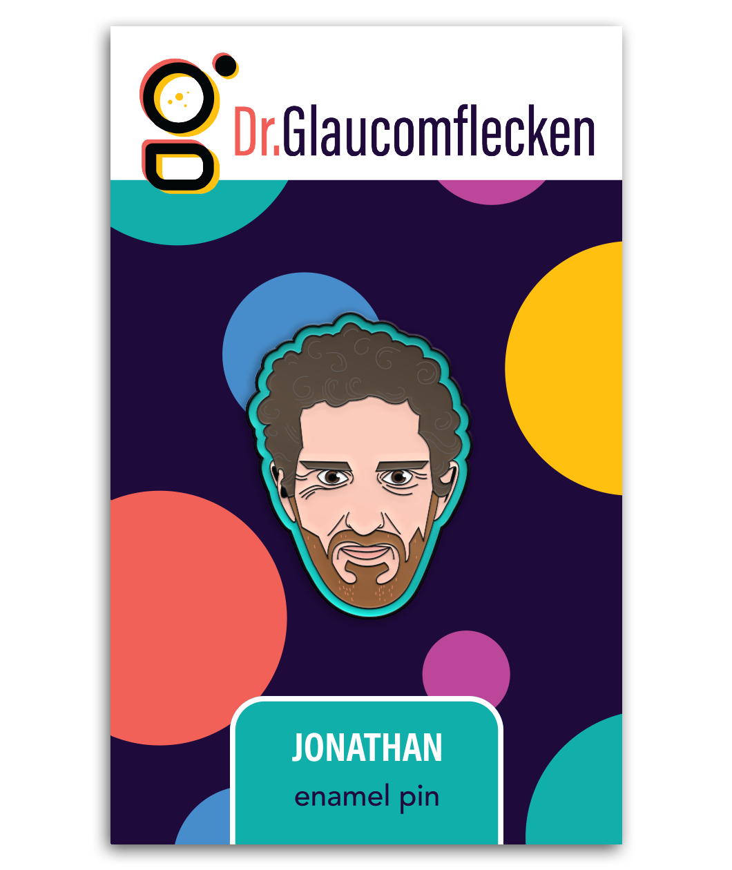 Enamel pin with black metal plating that has the head of a man grimacing staring at you on a teal background. Backing card is purple with colorful dots with the text at the top reading, "Dr. Glaucomflecken" and text on the bottom noting, "JONATHAN enamel pin"