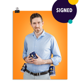 Photo of a man smirking at the camera with Morton's salt containers strapped to his belt on either side. He holds a third container of Morton's salt in his hands at his stomach. On an orange background. This print is signed by the doctor!