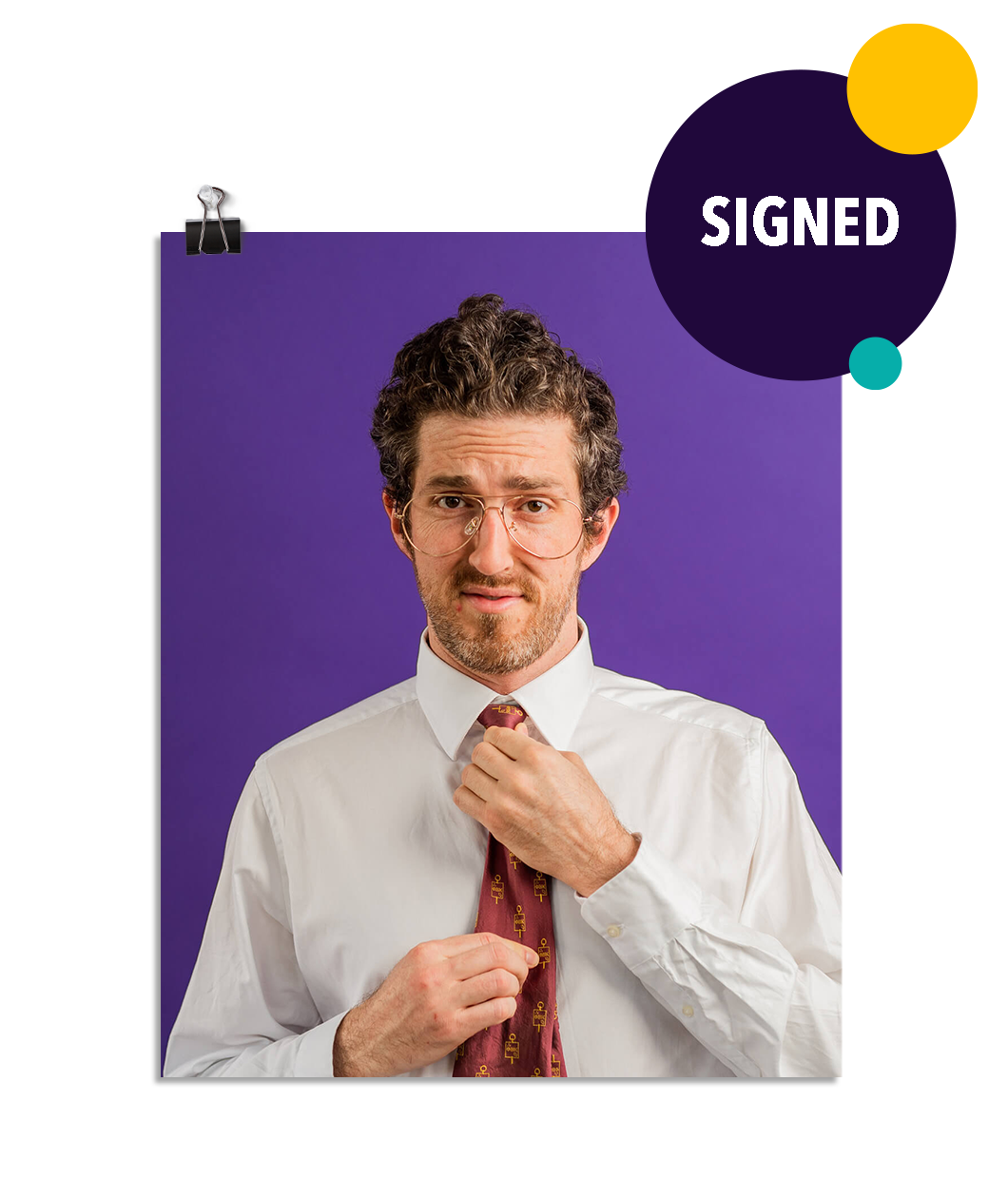 Photo of a man with aviator shaped glasses fixing his red tie and looking at the camera like he is a know it all. On a purple background. This print is signed by the doctor!