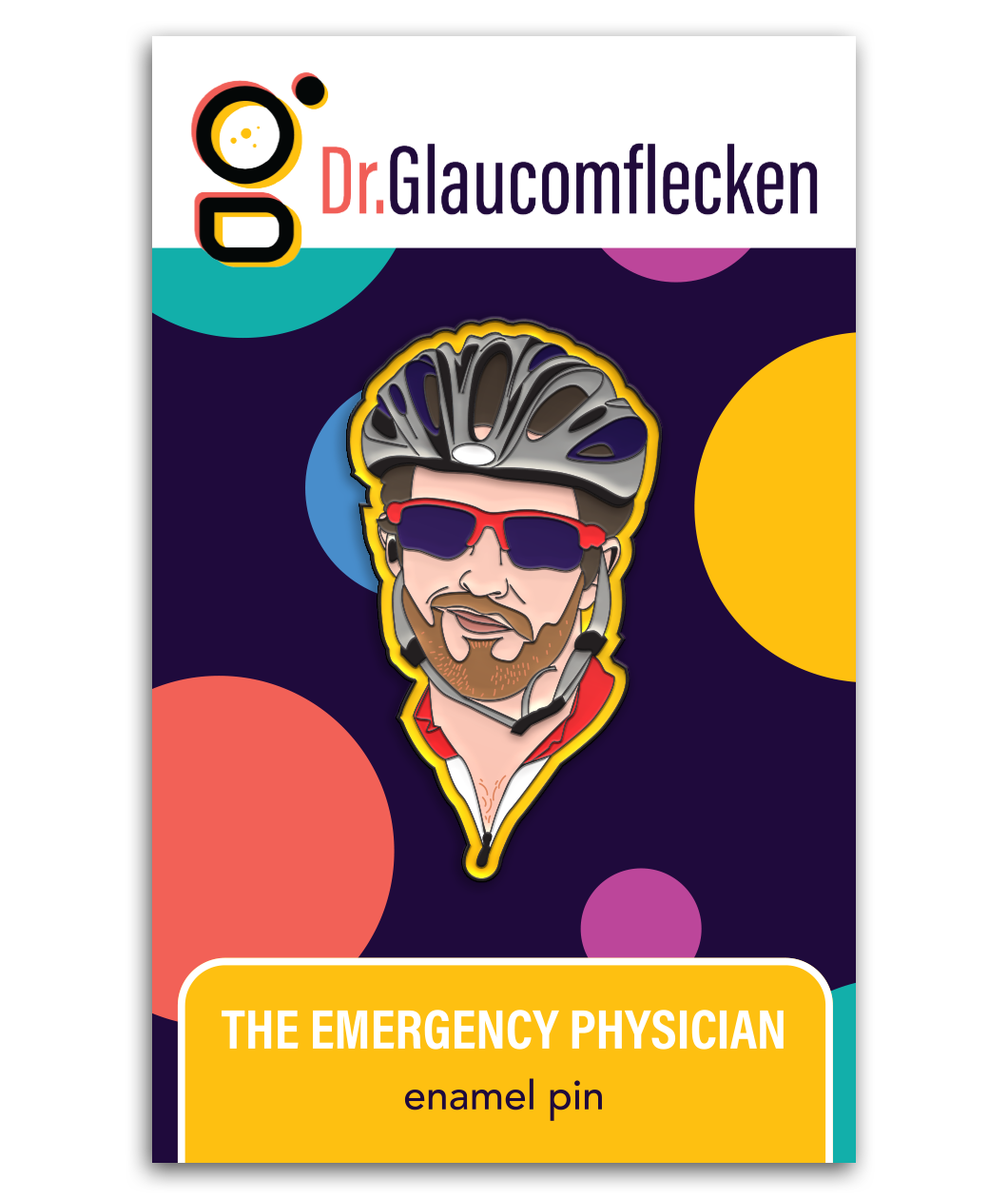 Enamel pin with black metal plating that has the bust of a man with a bike helmet and sunglasses looking at you on a yellow background. Backing card is purple with colorful dots with the text at the top reading, "Dr. Glaucomflecken" and text on the bottom noting, "THE EMERGENCY PHYSICIAN enamel pin"