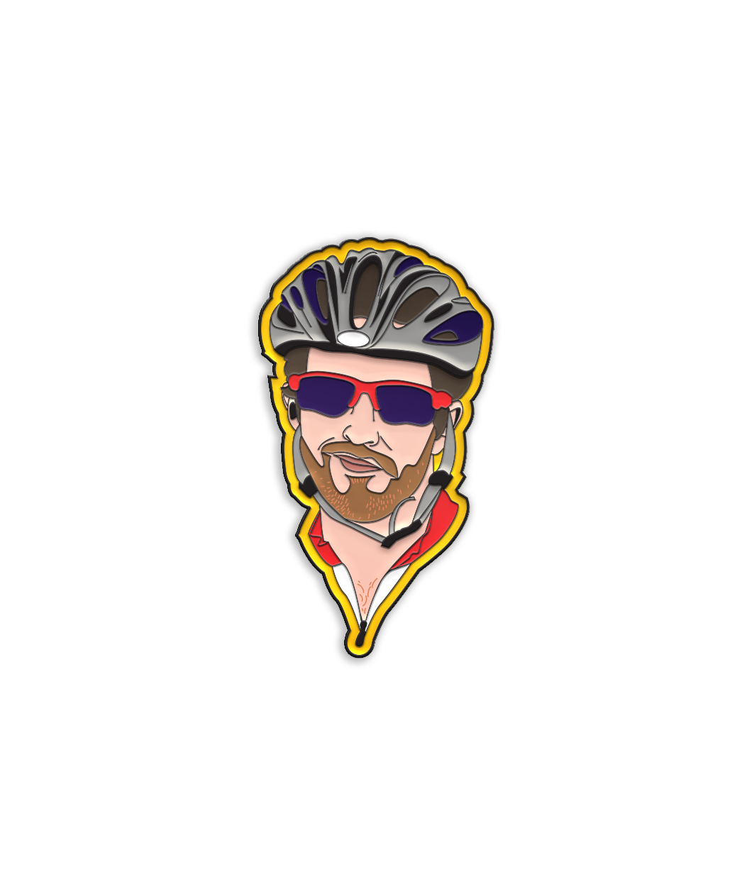 Enamel pin with black metal plating that has the bust of a man with a bike helmet and sunglasses looking at you on a yellow background.