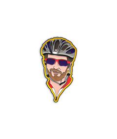 Enamel pin with black metal plating that has the bust of a man with a bike helmet and sunglasses looking at you on a yellow background.