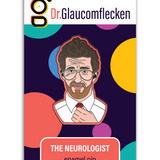 Enamel pin with black metal plating that has the bust of a man with glasses looking at you and fixing his tie with a red background. Backing card is purple with colorful dots with the text at the top reading, "Dr. Glaucomflecken" and text on the bottom noting, "THE NEUROLOGIST enamel pin"