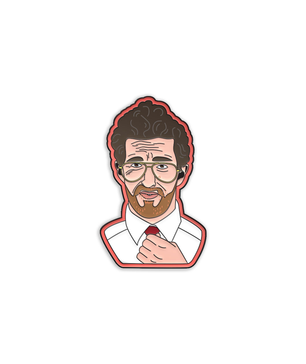 Enamel pin with black metal plating that has the bust of a man with glasses looking at you and fixing his tie with a red background.