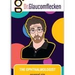 Enamel pin with black metal plating that has the bust of a man with glasses looking at you with a yellow background. Backing card is purple with colorful dots with the text at the top reading, "Dr. Glaucomflecken" and text on the bottom noting, "THE OPHTHALMOLOGIST enamel pin"