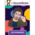 Enamel pin with black metal plating that has the bust of a man pulling down his glasses on a purple background. Backing card is purple with colorful dots with the text at the top reading, "Dr. Glaucomflecken" and text on the bottom noting, "THE PSYCHIATRIST enamel pin"