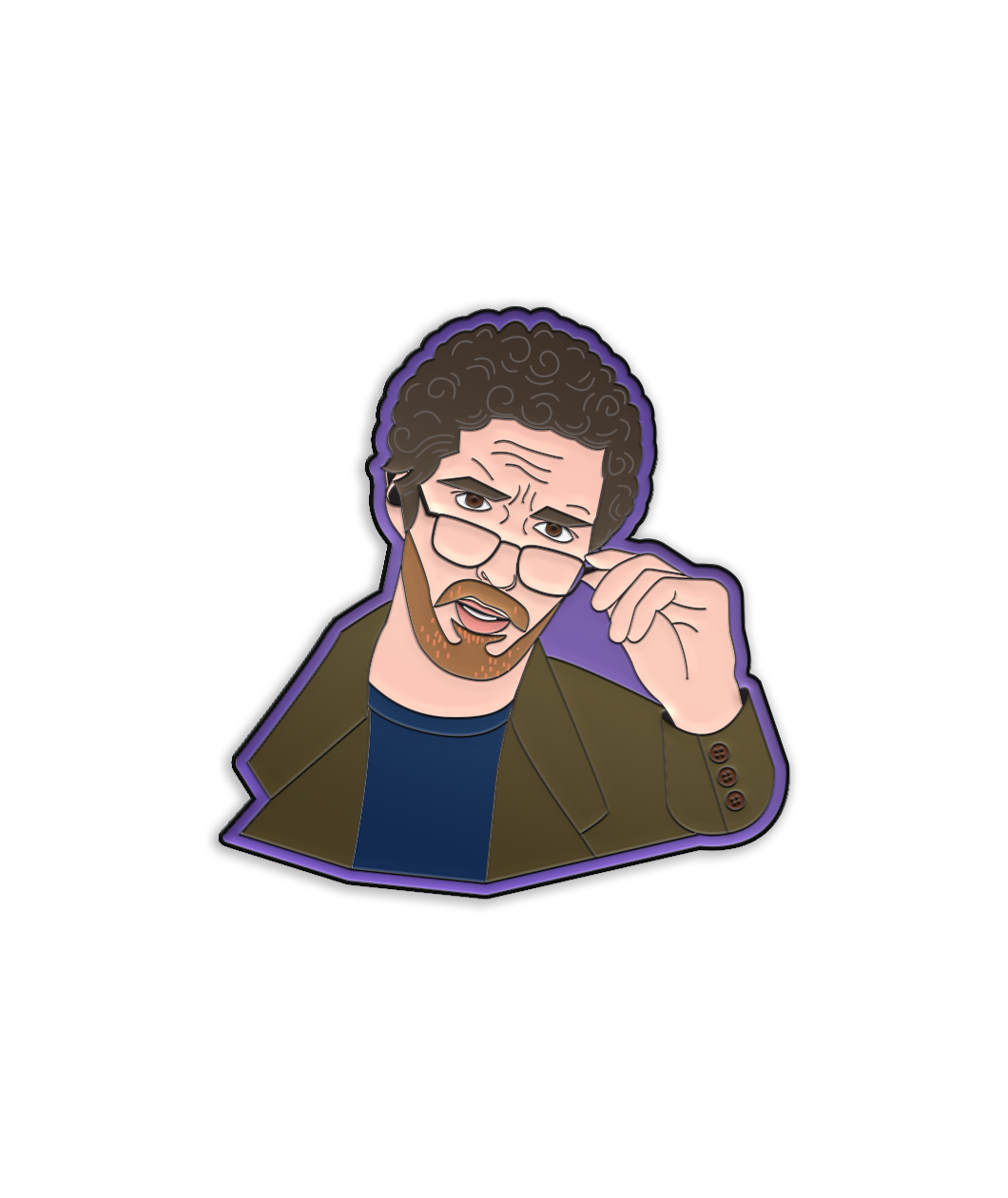 Enamel pin with black metal plating that has the bust of a man pulling down his glasses on a purple background.