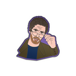 Enamel pin with black metal plating that has the bust of a man pulling down his glasses on a purple background.